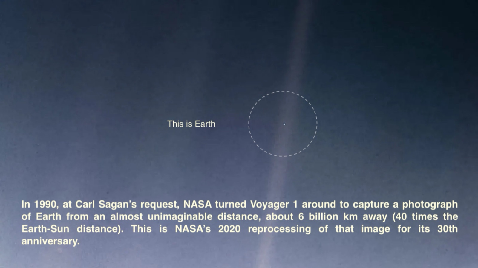 Earth photographed by Voyager 1 in 1990 from about 6 billion kilometres away, a single point of light caught in a band of scattered sunlight. NASA’s 2020 reprocessing of the image for its thirtieth anniversary.